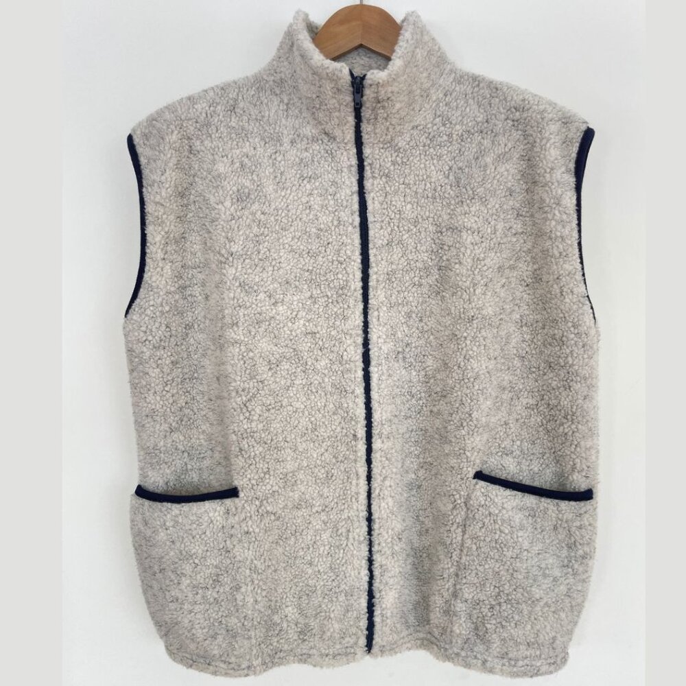 Vintage Sherpa Fleece Zip Vest Made in Canada Cream Blue Gorpcore Cabincore L/XL